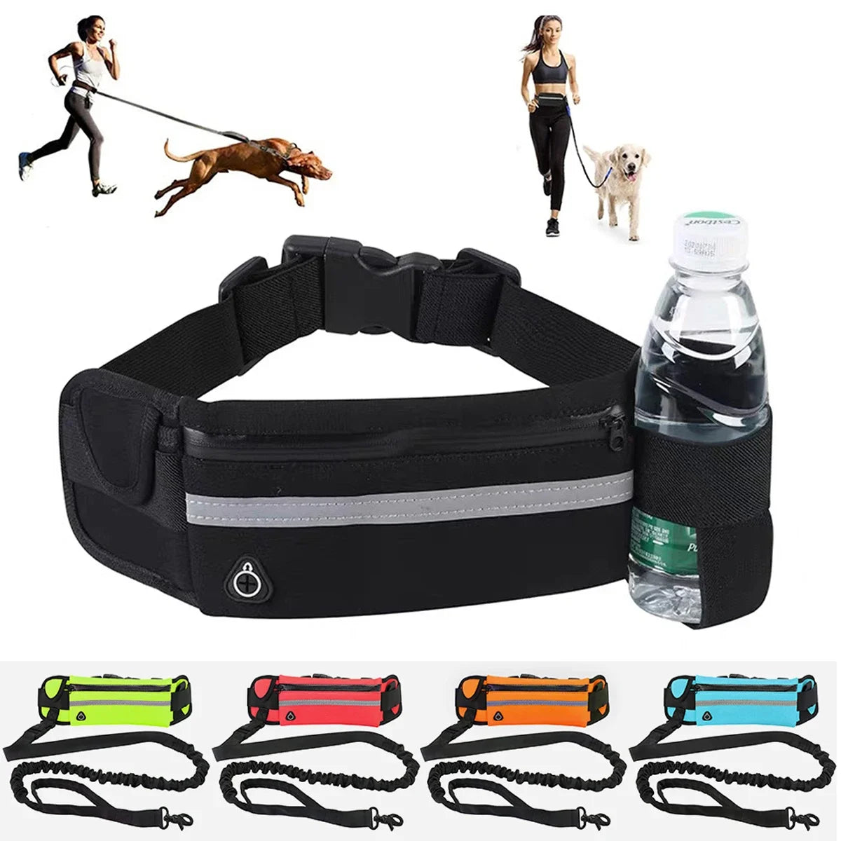 Hands free dog leash equipped with storage.